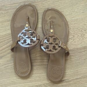 Tory Burch Miller sandals; color: sand; patent leather; EUC